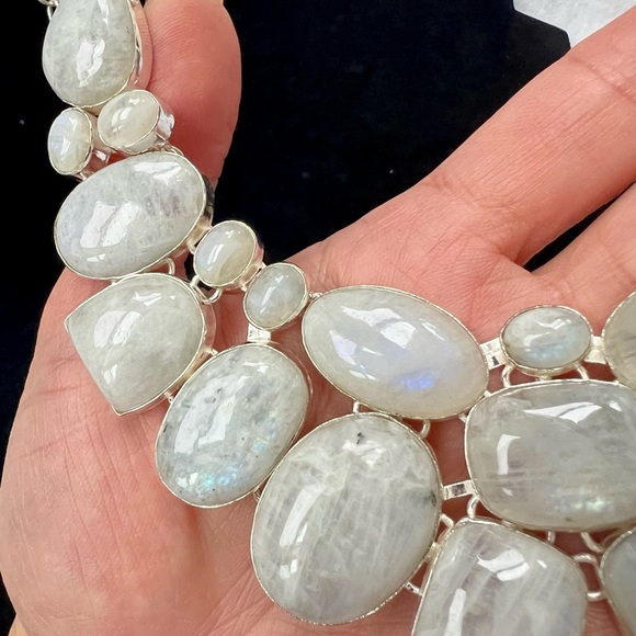 925 MOON GODDESS Rainbow Moonstone Collar Bib Necklace - Picture 10 of 16